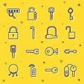 Set line House with key, Old, Open padlock, Key, Crowbar, Lock, Password protection and Bicycle icon. Vector