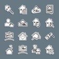 Set line House with percant, key, Search house, Hanging sign For Sale, Open, Realtor, and under protection icon. Vector Royalty Free Stock Photo