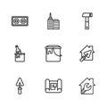 Set line House plan, with trowel, wrench spanner, Paint bucket, Hammer, Electrical outlet, City landscape and brush icon Royalty Free Stock Photo