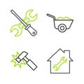 Set line House repair, Hammer, Wheelbarrow and Screwdriver and wrench icon. Vector Royalty Free Stock Photo