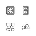 Set line House, Roof tile, Electrical outlet and Window in room icon. Vector Royalty Free Stock Photo