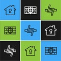 Set line House under protection, Barbed wire and Shield with brick wall icon. Vector Royalty Free Stock Photo