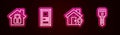 Set line House under protection, Closed door, Location with house and key. Glowing neon icon. Vector