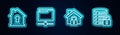 Set line House under protection, FTP folder, and Server security with lock. Glowing neon icon. Vector Royalty Free Stock Photo