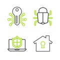 Set line House under protection, Laptop protected with shield, System bug and Smart key icon. Vector Royalty Free Stock Photo