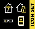Set line House under protection, Mobile and password, Smart glasses and home with wi-fi icon. Vector