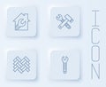 Set line House with wrench spanner, Hammer and, Parquet and Wrench. White square button. Vector Royalty Free Stock Photo
