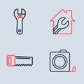 Set line House with wrench spanner, Hand saw, Roulette construction and Adjustable icon. Vector Royalty Free Stock Photo