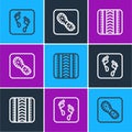Set line Human footprint, Tire track and footprints shoes icon. Vector