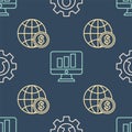 Set line Human with gear inside, Earth globe with dollar and Monitor with graph chart on seamless pattern. Vector