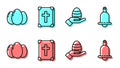 Set line Human hand and easter egg, Easter eggs, Holy bible book and Ringing bell icon. Vector Royalty Free Stock Photo