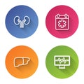 Set line Human kidneys, Doctor appointment, organ liver and Monitor with cardiogram. Color circle button. Vector