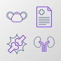 Set line Human kidneys, Joint pain, knee pain, Patient record and Medical protective mask icon. Vector Royalty Free Stock Photo