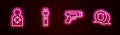 Set line Human target sport for shooting, Police electric shocker, and badge. Glowing neon icon. Vector