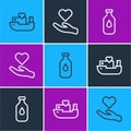 Set line Humanitarian ship, Bottle of water and Heart in hand icon. Vector