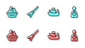 Set line Humanitarian ship, Donation food box, Mop and Volunteer icon. Vector Royalty Free Stock Photo