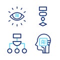 Set line Humanoid robot, Algorithm, and Artificial intelligence AI icon. Vector