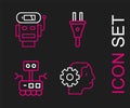 Set line Humanoid robot, Robot, Electric plug and low battery charge icon. Vector Royalty Free Stock Photo