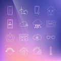 Set line Humidity, Glasses, Thermostat, Mobile charging battery, and password protection, and Internet of things icon Royalty Free Stock Photo
