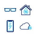 Set line Humidity, Mobile charging battery, House humidity and Glasses icon. Vector Royalty Free Stock Photo