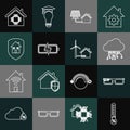 Set line Humidity, Smart glasses, Internet of things, House with solar panel, Battery, under protection, home and wind Royalty Free Stock Photo