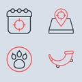 Set line Hunt place, Paw search, Hunting horn and Target sport icon. Vector Royalty Free Stock Photo