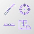 Set line Hunter boots, Trap hunting, Target sport for shooting competition and Hunting gun icon. Vector Royalty Free Stock Photo