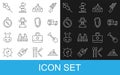 Set line Hunter hat, Shovel, Off road car, Tourist tent, African tribe male, Compass, Syringe and Carabiner icon. Vector