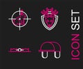 Set line Hunter hat, Trap hunting, Deer head with antlers on shield and rabbit crosshairs icon. Vector Royalty Free Stock Photo