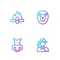 Set line Hunter, Hippo or Hippopotamus, Campfire and Wild lion. Gradient color icons. Vector Royalty Free Stock Photo