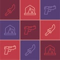 Set line Hunter knife, Pistol or gun and Tourist tent icon. Vector