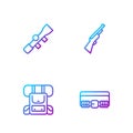 Set line Hunting cartridge belt, Hiking backpack, Sniper optical sight and gun. Gradient color icons. Vector