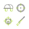 Set line Hunting gun, on bear with crosshairs, Target sport for shooting competition and Hunter hat icon. Vector Royalty Free Stock Photo