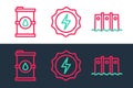 Set line Hydroelectric dam, Bio fuel barrel and Lightning bolt icon. Vector