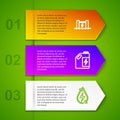 Set line Hydroelectric dam, Eco fuel canister and Water energy. Business infographic template. Vector