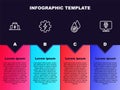 Set line Hydroelectric dam, Gear and lightning, Water energy and Electric plug. Business infographic template. Vector