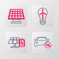 Set line Hydrogen car, Solar energy panel and battery, Light bulb with wind turbine and icon. Vector Royalty Free Stock Photo