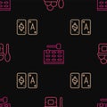 Set line Ice cream in bowl, Tarot cards and Arcade game machine on seamless pattern. Vector