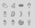 Set line Ice cream, Chicken leg, Hotdog sandwich, Scrambled eggs, Steak meat, Pizza and icon. Vector