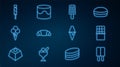 Set line Ice cream, Chocolate bar, Croissant, in waffle cone, Candy, and Cake icon. Vector Royalty Free Stock Photo