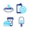 Set line Ice cream, Coffee and burger, Aluminum can soda donut and Nachos plate icon. Vector