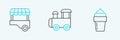 Set line Ice cream, Fast street food cart and Toy train icon. Vector Royalty Free Stock Photo