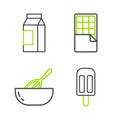 Set line Ice cream, Kitchen whisk and bowl, Chocolate bar and Paper package for milk icon. Vector