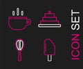 Set line Ice cream, Kitchen whisk, Cake with burning candles and Coffee cup icon. Vector