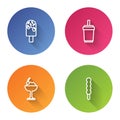 Set line Ice cream, Paper glass with straw, in bowl and Lollipop. Color circle button. Vector