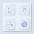 Set line Ice cream, Pastry bag, Coffee cup and Homemade pie. White square button. Vector