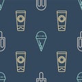 Set line Ice cream, Sunscreen cream in tube and Ice cream in waffle cone on seamless pattern. Vector Royalty Free Stock Photo