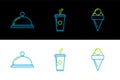 Set line Ice cream in waffle cone, Covered with tray of food and Paper glass drinking straw and water icon. Vector