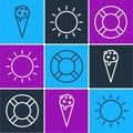 Set line Ice cream in waffle cone, Lifebuoy and Sun icon. Vector Royalty Free Stock Photo