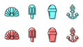 Set line Ice cream in waffle cone, Scallop sea shell, Ice cream and Anchor icon. Vector Royalty Free Stock Photo